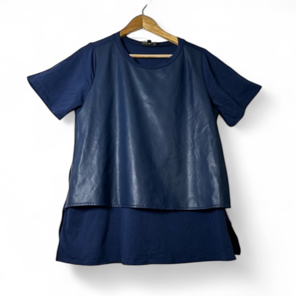 DR2 Dark Blue Faux Leather Front Blouse With Side Open